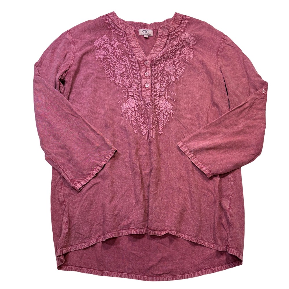 Chic Connection Womens Small Mauve Embroidered Boho Tunic Henley Cotton Blend